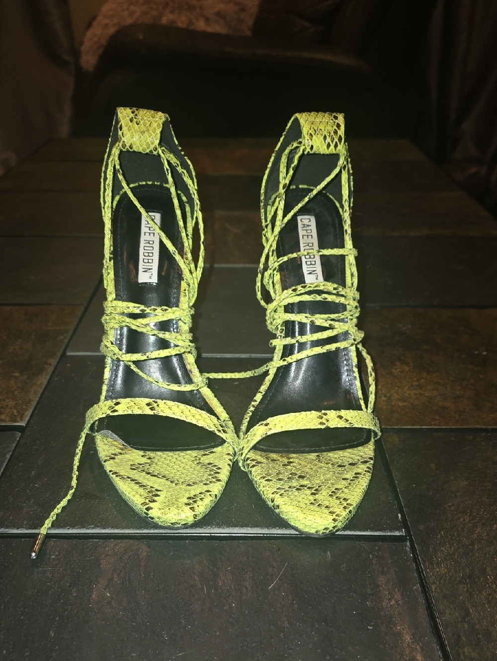 Cape Robbin Neon Lime Snake-Print Lace-Up Heels
